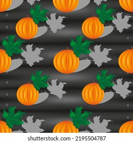 Seamless pattern with pumpkins with beautiful green leaf on black style wooden background with shadows. Vegetable 3d background with gourd. Vector illustration with melon ethiopian.