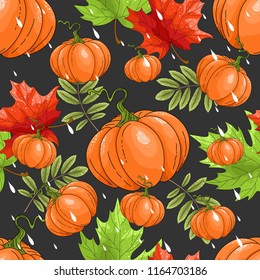 Seamless pattern with pumpkins, berries and leaves. Autumn. Vector illustration.