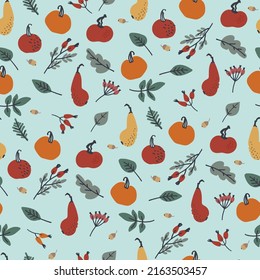 Nahtloses Muster mit Kürbis, Beeren und Blättern auf blauem Hintergrund. Thanksgiving Day Konzept. für Verpackungspapier und andere Design-Projekte