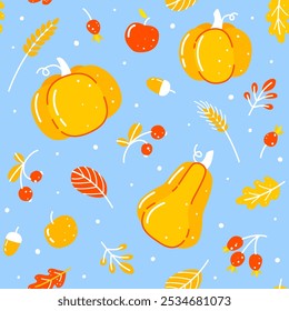 Modelo inconsútil con las bayas de las calabazas y las hojas en azul - fondo de la historieta para el textil del otoño o el diseño de papel de envoltura