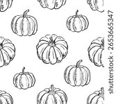 Seamless pattern with pumpkins in black brush stroke texture isolated on white. Hand drawn vector sketch illustration in vintage charcoal ink. Halloween wrapping paper design, tissue print, autumn