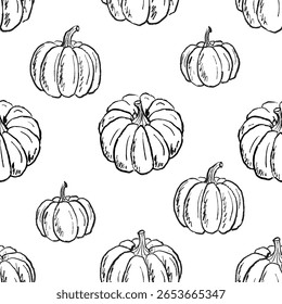 Padrão contínuo com abóboras em textura de traçado de pincel preto isolado no branco. Ilustração de esboço de vetor desenhado à mão em tinta de carvão vegetal. Halloween design de papel de embrulho, impressão de tecido, outono