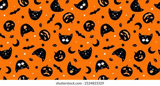 Seamless pattern with pumpkins, black cats with funny scary emotions on the background of bats, moon, stars. Vector graphics.