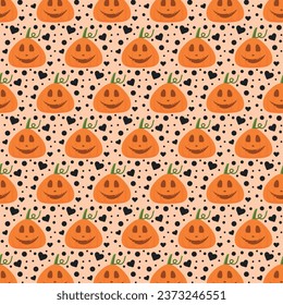 Seamless pattern with pumpkins and black hearts for Halloween. Decoration for Halloween for fabric, packaging, wallpaper, cover. The pattern is added to the swatches panel.
