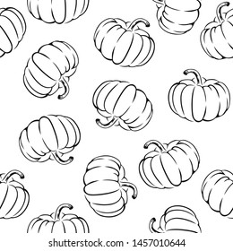 Seamless pattern with pumpkins. Black and white illustration with vegetables outline. Autumn background.