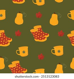 Seamless pattern with pumpkins,  boots, cup and autumn leaves. Autumn pattern. Perfect for product design, wallpaper, scrapbooking. EPS 10