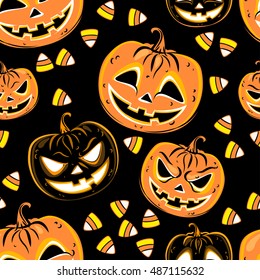 Seamless pattern with a pumpkins and candies. Halloween Party design template. Vector