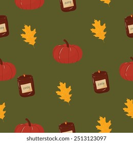 Seamless pattern with pumpkins, candle and autumn leaves. Autumn pattern. Perfect for product design, wallpaper, scrapbooking. EPS 10