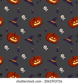 Patrón sin foco con calabazas, velas, arañas, sombreros y cráneos. Decoración festiva de otoño en Halloween. Fondo de vacaciones de octubre