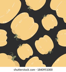 Seamless pattern with pumpkins in cartoon style on black. Vegetable pattern. Vector. Wrapping paper, wallpaper. Organic food