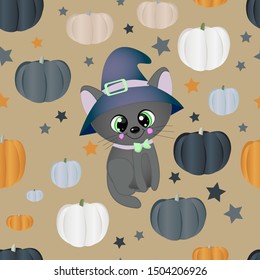 seamless pattern with pumpkins and cat in a hat. Halloween theme. CUTE character. wrapping paper and textile design