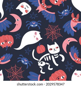 Seamless pattern with pumpkins, cats and ghosts on navy blue background. Vector Halloween texture in flat style. Halloween cat and pumpkin repeated pattern design.