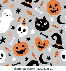 Seamless pattern with pumpkins, cats, ghosts, skulls, witch hats, moon on gray background.  Vector Halloween background in flat style.  Doodle style. For textiles, clothing, bed linen, office supplies