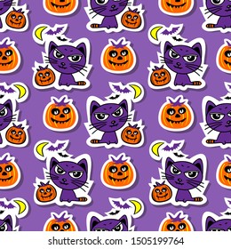 Seamless pattern with pumpkins and cats.  Halloween vector illustration. Flat style. Design element for wrapping paper, banner, wallpaper or fabric.