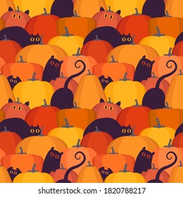 Seamless pattern with pumpkins and cats. October vector illustration. Halloween pumpkins. Autumn ornament with orange vegetable and autumn leaves
