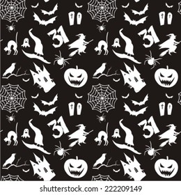 Seamless pattern with pumpkins, cats, spiders ... Vector illustration. 