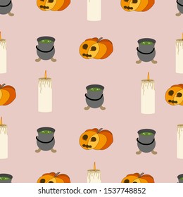 seamless pattern with pumpkins, cauldrons with potion and candles and candles for Halloween
