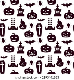 Patrón sin foco con calabazas, ataúdes y símbolos de Halloween. Ilustración vectorial dibujada a mano.