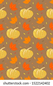 Seamless pattern with pumpkins and colorful autumn leaves for textile/fabric print