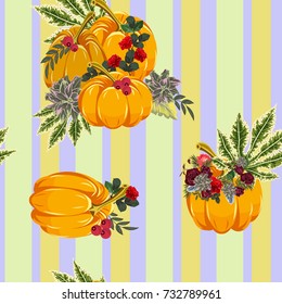 Seamless pattern with pumpkins. Colorful autumn decor. Design for fabric, wallpaper, gift wrapping.Vintage festive background