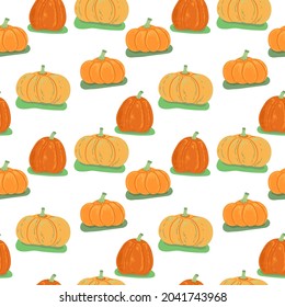 Seamless pattern with Pumpkins. Colorful ornament items with autumn symbols. For printing wrapping paper, wallpaper, packaging, fabric. Hand Drawn vector illustration.