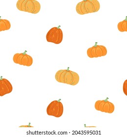 Seamless pattern with Pumpkins. Colorful ornament items with autumn symbols. For printing wrapping paper, wallpaper, packaging, fabric. Hand Drawn vector illustration.