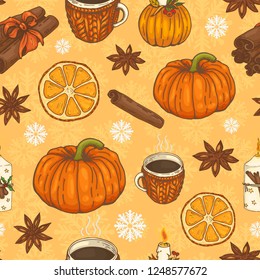 seamless pattern with pumpkins, cups, spices and snowflakes