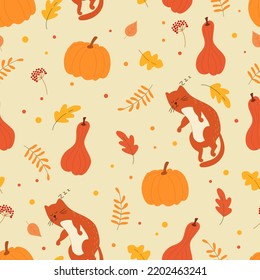 Seamless Pattern With Pumpkins And A Cute Sleeping Ginger Cat. Autumn Cozy Concept For Wrapping Paper, Textile