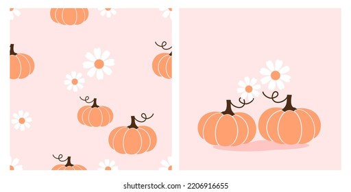 Seamless pattern with pumpkins and daisy flower on pink background vector illustration.