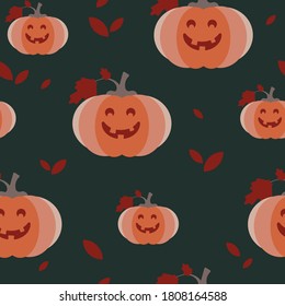 Seamless pattern with pumpkins. Dark background. October vector illustration. Halloween pumpkins. Autumn ornament with orange vegetable and autumn leaves