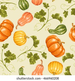 Seamless pattern with pumpkins. Decorative ornament from vegetables and leaves.