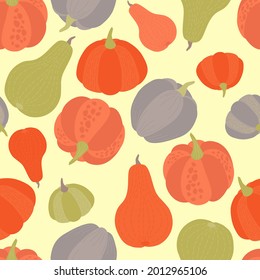 Seamless pattern of pumpkins with different colors on a vintage background. Autumn ornament for the harvest festival, Halloween. Vector illustration.