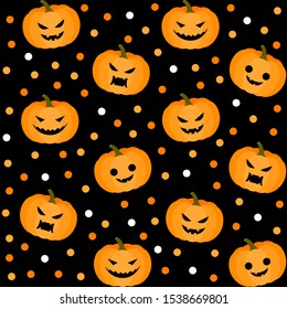 Seamless pattern with Pumpkins and Dots on Black Background. Halloween Vector illustration.