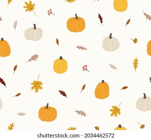Seamless pattern of pumpkins, and fall leaves. Concept of fall, autumn, nature, forest plants, tree foliage, harvest time. Colored vector illustration, isolated on beige.