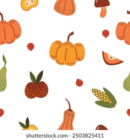Seamless pattern of pumpkins and fall vegetables. Autumn harvest elements on white background. 