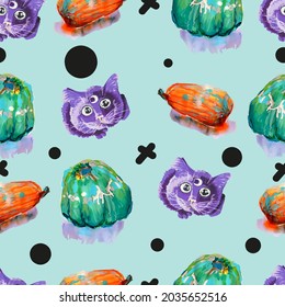 Seamless pattern with pumpkins and familiar, background for halloween, harvest festival. Vector graphics.