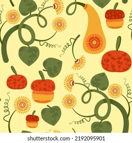 seamless pattern with pumpkins and flowers