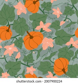 Seamless pattern with pumpkins, flowers and leaves. Colorful botanical background with pumpkin plant. Design for textile print or wallpaper. Vector illustration