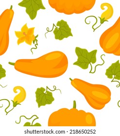 Seamless pattern with pumpkins and pumpkins flowers and leaves. Vector illustration. 