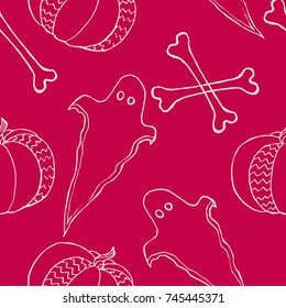 Seamless pattern with pumpkins, ghost, bones. Good for Halloween.