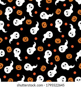 Seamless pattern with pumpkins and ghost. Halloween. Vector illustration.