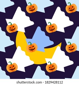 Seamless pattern with pumpkins and ghosts. Halloween. Emotions. The style of the cartoon. Vector illustration for web design or print. 