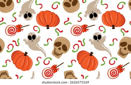 seamless pattern pumpkins ghosts skulls candies white background, autumn halloween web design cards textile drawn illustration