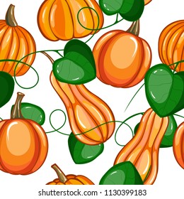 Seamless pattern with pumpkins and green leaves. Beautiful harvest background. Vector illustration.