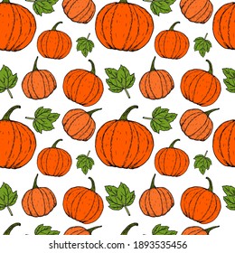 Seamless pattern with pumpkins, halloween background. Hand drawn vector illustration.