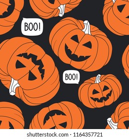 Seamless pattern, pumpkins for Halloween day, hand drawn backdrop. Colorful illustration, mood smiles. Background traditional holiday symbol. Trick or treat. Decorative wallpaper, good for printing
