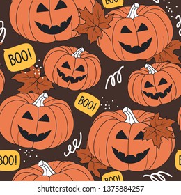 Seamless pattern pumpkins, Halloween day, maple leaves, hand drawn backdrop. Colorful illustration mood smiles. Background traditional holiday symbol. Trick or treat. Decorative wallpaper for printing