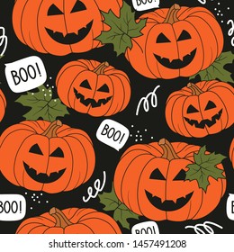 Seamless pattern pumpkins, Halloween day, maple leaves, hand drawn backdrop. Colorful illustration mood smiles. Background traditional holiday symbol. Trick or treat. Decorative wallpaper for printing