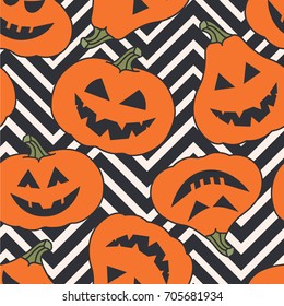 Seamless pattern pumpkins for Halloween day, hand drawn backdrop. Colorful illustration, mood smiles. Background traditional holiday symbol. Trick or treat. Decorative wallpaper, good for printing