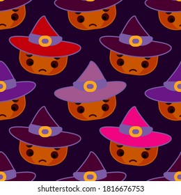 Nahtloses Muster mit Kürbissen. Halloween. Emotionen. Der Stil des Cartoons. Vektorgrafik für Webdesign oder Print. 